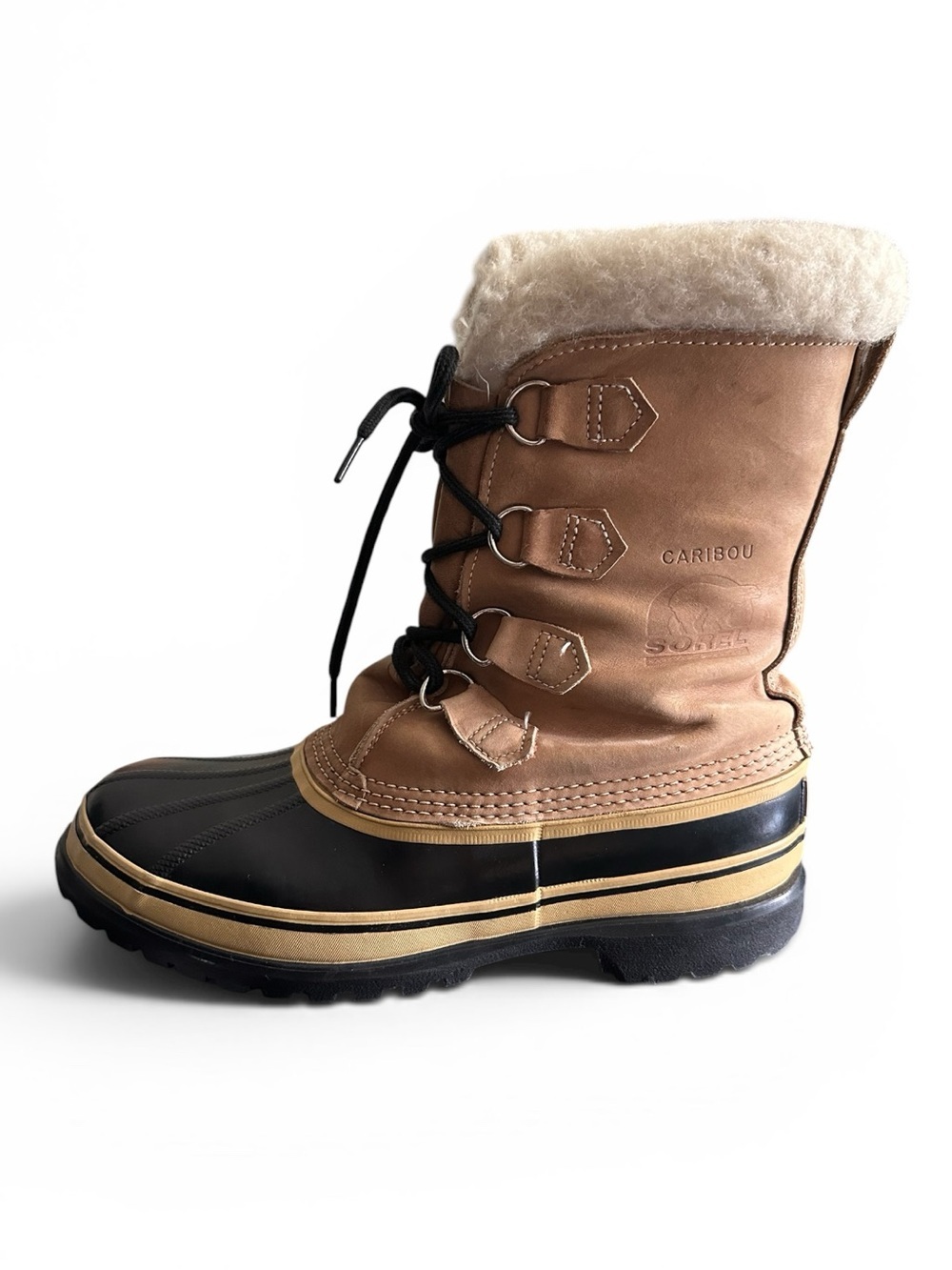 Sorel Men’s 9 Tan & Black Kaufman Canada Leather Wool Caribou Winter Snow Boot